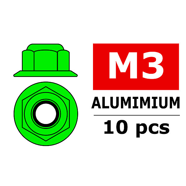 Team Corally Aluminium Nylstop Nut M3 Flanged Green 10
