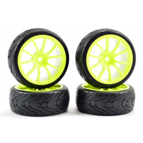 Fastrax 1/10th Street Tread Tyres on Neon Yellow Spoke Wheels Set of 4