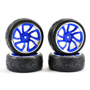 Fastrax 1/10th Street Tread Tyres on TRI-5 Blue and Chrome Wheels Set of 4